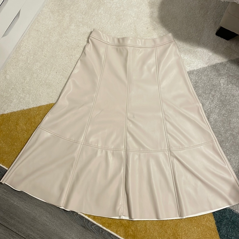 Cream Faux Leather Aline Midi Skirt